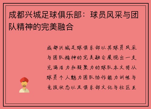 成都兴城足球俱乐部：球员风采与团队精神的完美融合